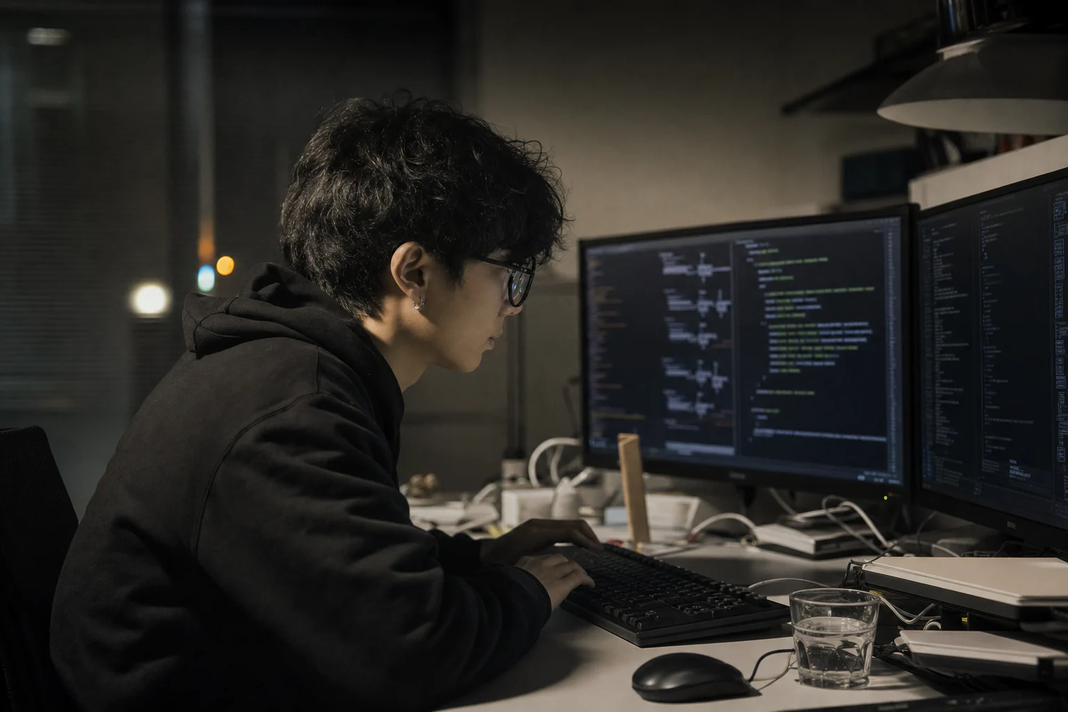 深夜办公室里，一名年轻工程师独自面对显示复杂代码的屏幕梳理旧服务